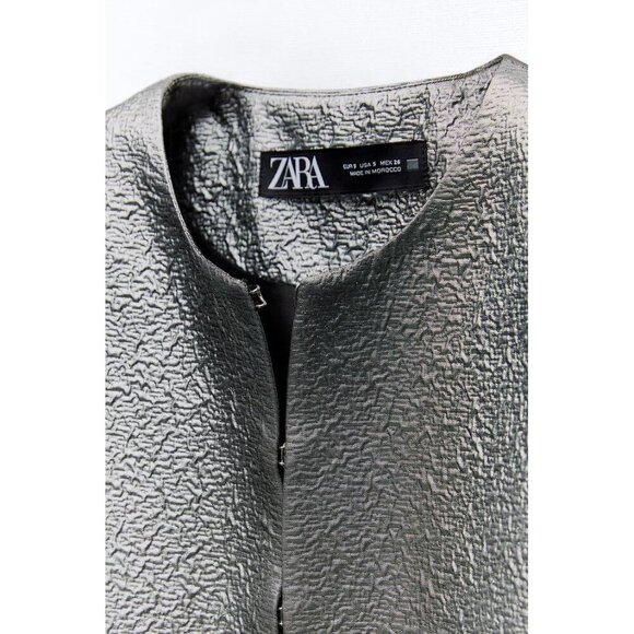 NWOT Zara charcoal silver metallic sheen laminated cropped jacket, XS - Picture 4 of 7